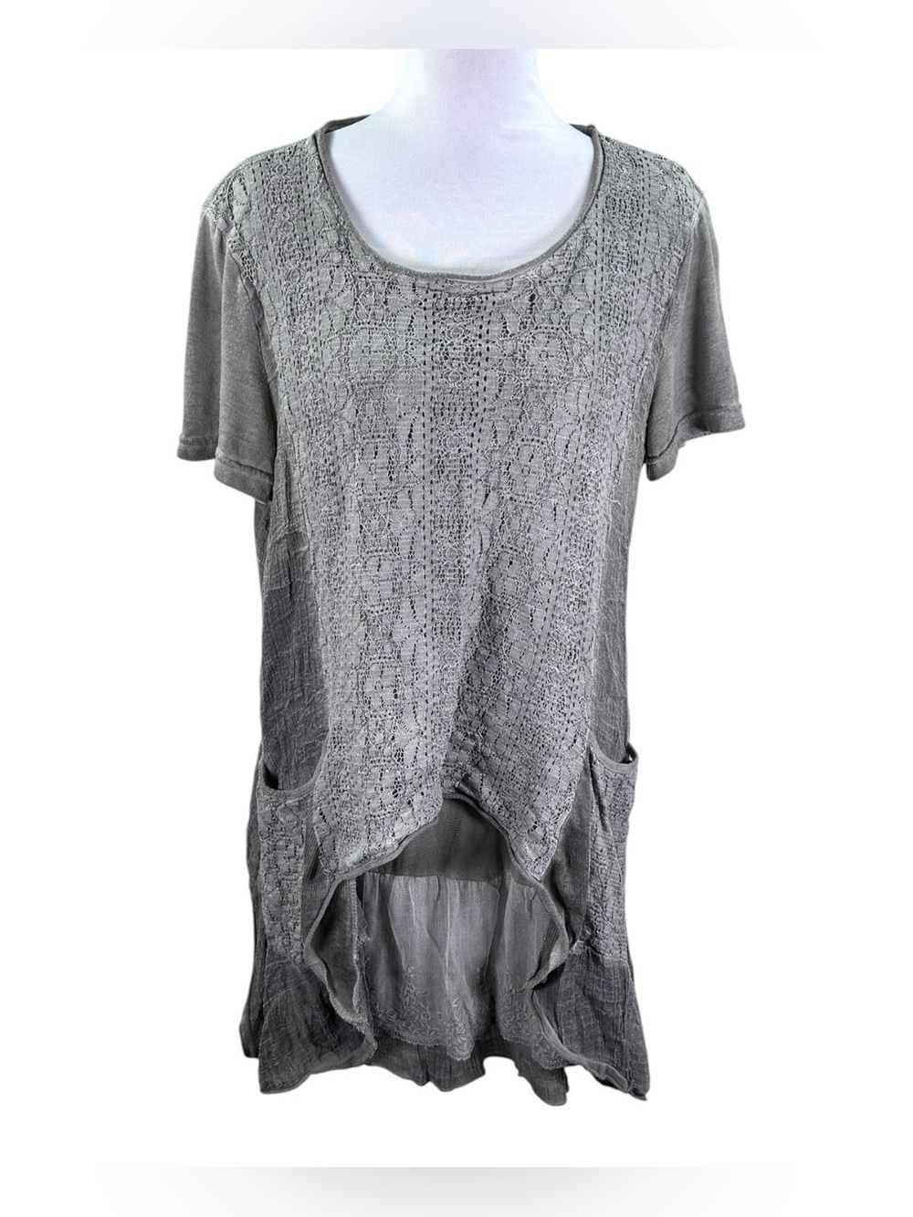 Simply Couture Lagenlook Lace Tunic Women’s L Est Gray Boho Fairy Grunge